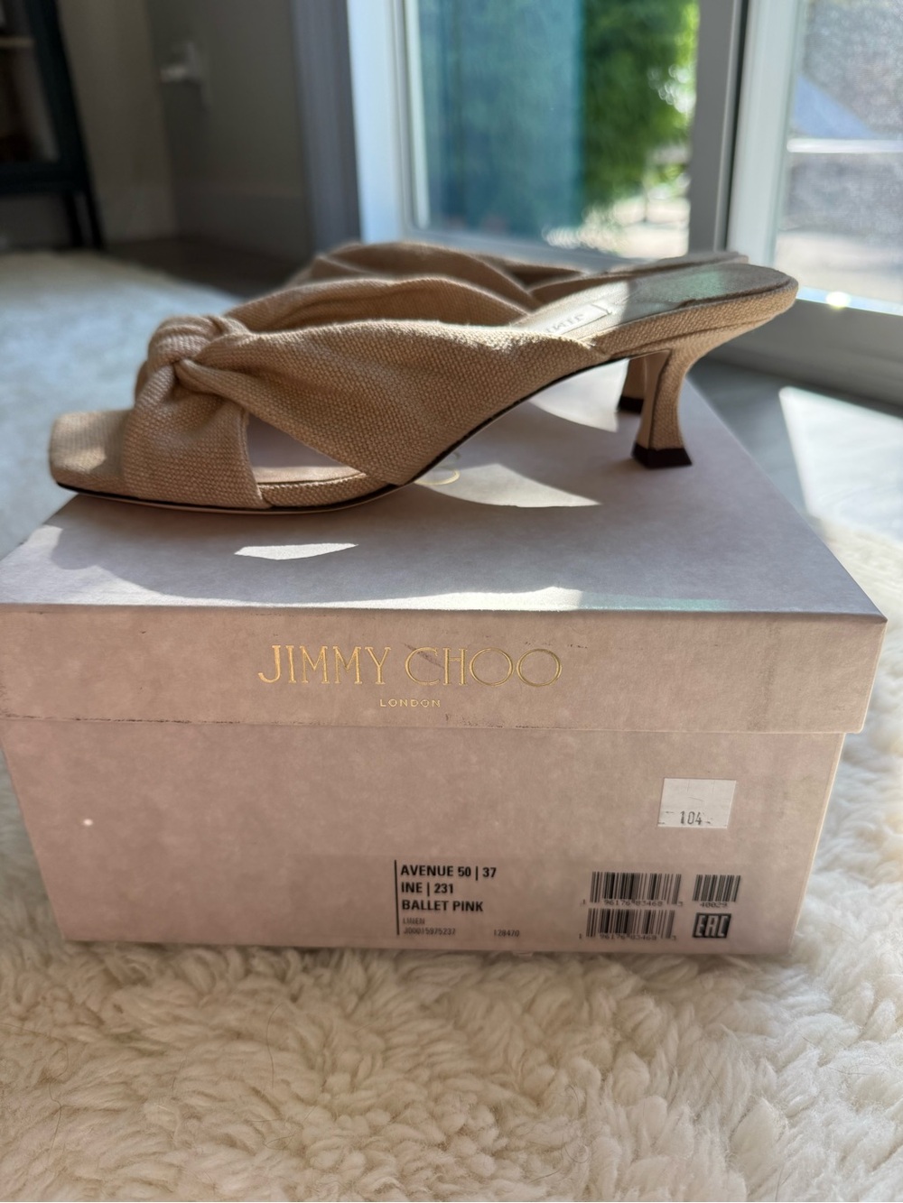 Jimmy Choo Avenue 50 Ballet Pink Linen Knot Mule Heels EU 37 / US 7 NWOT